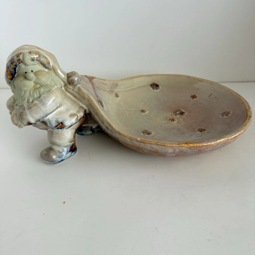 Santa Claus Pulling Bag Pottery Dish Stars 10